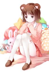 Rule 34 | 1girl, animal ears, bad id, bad pixiv id, bird, bow, bow legwear, brown eyes, brown footwear, brown hair, full body, long sleeves, original, penguin, pillow, rabbit, ribbon, shoes, short hair, simple background, sitting, skirt, sleeves past wrists, smile, solo, stuffed animal, stuffed penguin, stuffed rabbit, stuffed toy, sweater vest, thighhighs, white background, white thighhighs, yatomi