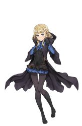 Rule 34 | 1girl, black footwear, black gloves, black pantyhose, blonde hair, blue eyes, blue skirt, boots, cloak, frilled skirt, frills, full body, gloves, hand up, highres, hood, hood down, knee boots, long hair, looking at viewer, official art, pantyhose, pouch, princess (princess principal), princess principal, princess principal game of mission, skirt, solo, transparent background, wide sleeves