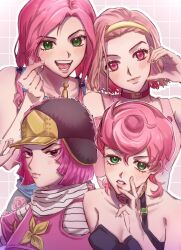 Rule 34 | 4girls, adjusting clothes, adjusting headwear, color connection, diamond wa kudakenai, eyelashes, green eyes, hair color connection, hairband, hat, highres, hirose yasuho, hot pants (sbr), in-franchise crossover, jojo no kimyou na bouken, jojolion, looking at viewer, multiple girls, open mouth, pink eyes, pink hair, pompadour, purple eyes, quad tails, rsur 2, short hair, single strap, smile, steel ball run, sugimoto reimi, trait connection, trish una, vento aureo