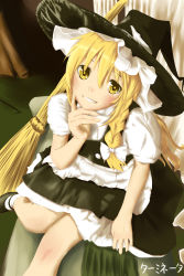 Rule 34 | 1girl, absurdres, apron, blonde hair, blush, braid, broom, from above, grin, hat, head rest, highres, kikai no tenshi, kirisame marisa, knees together feet apart, long hair, looking at viewer, looking up, mary janes, puffy short sleeves, puffy sleeves, shoes, short sleeves, side braid, single braid, sitting, skirt, smile, solo, star-shaped pupils, star (symbol), symbol-shaped pupils, touhou, witch hat, yellow eyes