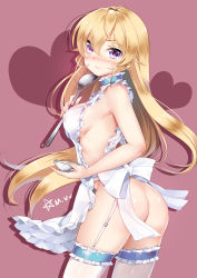 Rule 34 | 10s, 1girl, apron, artist name, ass, bad id, bad pixiv id, blonde hair, blush, bow, breasts, butt crack, choker, covered erect nipples, frilled thighhighs, frills, from side, garter straps, heart, heart-shaped pupils, highres, holding, long hair, looking at viewer, medium breasts, mvv, naked apron, nakiri erina, no panties, purple eyes, shiny skin, shokugeki no souma, sideboob, simple background, skindentation, solo, spatula, symbol-shaped pupils, thighhighs, white thighhighs