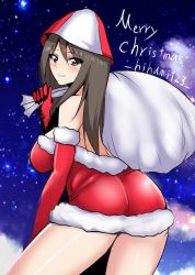 Rule 34 | 1girl, artist name, ass, blush, breasts, brown eyes, brown hair, dress, english text, from behind, fur-trimmed dress, fur-trimmed gloves, fur trim, girls und panzer, gloves, hifumi hajime, holding, long hair, looking at viewer, looking back, merry christmas, mika (girls und panzer), night, night sky, sack, santa costume, sky, solo, tulip hat