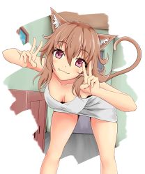 Rule 34 | 1girl, :3, animal ears, bare arms, bare legs, bare shoulders, bent over, breasts, brown hair, cat ears, cat tail, chest of drawers, closed mouth, double v, downblouse, drawer, drawing (object), dress, eyebrows, hand gesture, head tilt, highres, indoors, leaning forward, legs apart, looking at viewer, original, picture frame, pink eyes, shelf, shoron, sleeveless, sleeveless dress, smile, solo, standing, tail, v, white dress