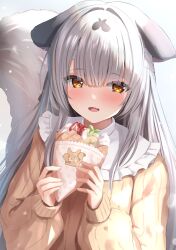 Rule 34 | 1girl, animal ears, azur lane, bandaged head, bandages, blush, crepe, fang, food, fox ears, fox girl, fox tail, fruit, hair intakes, hands up, highres, holding, holding food, ice cream crepe, long hair, long sleeves, looking at viewer, manda (manda9n), miyuki (azur lane), miyuki (clear skies and crepes) (azur lane), official alternate costume, open mouth, sketch, skin fang, smile, solo, strawberry, sweater, tail, white hair, yellow eyes, yellow sweater