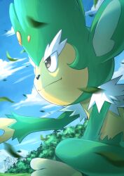 Rule 34 | absurdres, artist name, blue sky, cloud, creatures (company), day, falling leaves, from side, game freak, gen 5 pokemon, highres, leaf, microbihon, nintendo, outdoors, pokemon, pokemon (creature), simisage, sitting, sky, solo, tree