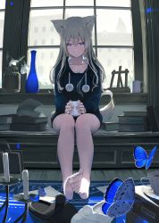Rule 34 | 1girl, absurdres, animal ears, bare legs, barefoot, black footwear, black hoodie, blush, book, book stack, bug, building, butterfly, candle, carpet, closed mouth, coffee mug, collarbone, cup, feet, full body, grey hair, highres, holding, holding cup, hood, hood down, hoodie, indoors, insect, jar, long hair, long sleeves, mikisai, mug, no pants, open book, original, plant, pom pom (clothes), potted plant, purple eyes, sitting, slippers, unworn slippers, smile, soil, solo, tail, teacup, vase, white footwear, window, wooden floor
