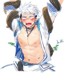 Rule 34 | 1boy, angry, blush, gondom, highres, jacket, mabinogi, male focus, merlin (mabinogi), nipples, no pupils, open clothes, open jacket, pants, restrained, roots, shouting, simple background, solo, sweat, white background, white pants
