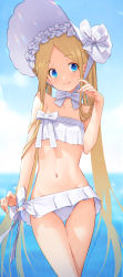Rule 34 | 1girl, abigail williams (fate), abigail williams (swimsuit foreigner) (fate), abigail williams (swimsuit foreigner) (third ascension) (fate), absurdres, bare shoulders, bikini, blonde hair, blue eyes, blush, bonnet, bow, breasts, fate/grand order, fate (series), forehead, hair bow, highres, kazuma muramasa, long hair, looking at viewer, miniskirt, navel, parted bangs, sidelocks, skirt, small breasts, smile, solo, swimsuit, thighs, twintails, very long hair, white bikini, white bow, white headwear