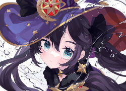 Rule 34 | 1girl, black hair, black ribbon, blue eyes, blush, bow, closed mouth, commentary, crescent, crescent hat ornament, fur trim, genshin impact, hair bow, hat, hat ornament, long hair, looking at viewer, mona (genshin impact), portrait, purple hat, ribbon, sakurato remi, solo, splashing, star (symbol), star hat ornament, twintails, twitter username, water, white background, witch hat