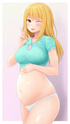 Rule 34 | 1girl, ;p, belly, blonde hair, blue shirt, breasts, brown eyes, cleavage, commission, cowboy shot, crop top, duzimura, hand on own chest, hand on own stomach, highres, long hair, midriff, mole, mole on body, mole on stomach, navel, one eye closed, original, panties, pregnant, shirt, simple background, skeb commission, solo, tongue, tongue out, underwear, v, white panties