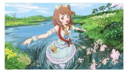 Rule 34 | 1girl, :d, aikatsu!, aikatsu! (series), all day long, blue dress, blue sky, border, cherry blossoms, cloud, day, detached sleeves, dress, flower, frilled dress, frills, grass, hair ornament, highres, idol clothes, long hair, looking at viewer, one side up, ozora akari, open mouth, orange hair, outdoors, outstretched arms, red eyes, red sash, sash, sky, smile, solo, standing, wading, white border, wrist cuffs