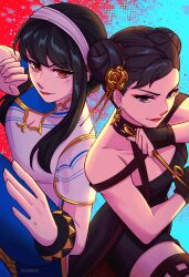 Rule 34 | 2girls, artist name, bare shoulders, black dress, black eyes, black hair, blue pants, breasts, caminukai, capcom, china dress, chinese clothes, chun-li, cleavage, closed mouth, cosplay, costume switch, crossover, dress, earrings, female focus, flower, from above, hair bun, hair flower, hair ornament, hairband, highres, jewelry, large breasts, long hair, looking at viewer, matching hair/eyes, multiple girls, pants, red eyes, sidelocks, sleeveless, sleeveless dress, smile, spy x family, street fighter, street fighter 6, yor briar