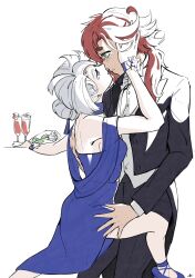 Rule 34 | 2girls, aqua eyes, black jacket, black pants, blue bracelet, blue dress, bracelet, champagne flute, commentary request, cup, dress, dress pants, drinking glass, flower, grey eyes, gundam, gundam suisei no majo, hand on another&#039;s head, hand on another&#039;s thigh, highres, imminent kiss, jacket, jewelry, long hair, miorine rembran, mng srmo, multiple girls, noses touching, pants, parted lips, red hair, simple background, strapless, strapless dress, suit jacket, suletta mercury, thick eyebrows, tuxedo, vest, waistcoat, white background, white flower, white hair, white vest, yuri