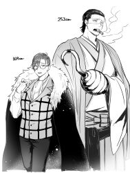 Rule 34 | 2boys, :d, ascot, cigar, coat, coat on shoulders, cosplay, costume switch, crocodile (one piece), crocodile (one piece) (cosplay), crossover, earrings, fate/grand order, fate (series), feet out of frame, fur-trimmed coat, fur trim, glasses, greyscale, hair over one eye, hair pulled back, hair slicked back, hakama, hand up, haori, height difference, highres, hook hand, itokon300, japanese clothes, jewelry, kimono, looking at viewer, looking away, male focus, monochrome, multiple boys, multiple rings, one piece, open mouth, pants, ring, sash, scar, scar on face, scar on nose, shirt, short hair, simple background, smile, smoke, smoking, stitched face, stitches, striped clothes, striped vest, teeth, vest, white background, yamanami keisuke (fate), yamanami keisuke (fate) (cosplay)