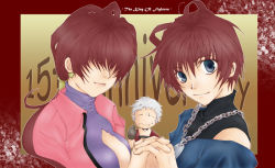 Rule 34 | 1girl, 2boys, bad id, bad pixiv id, blue eyes, breasts, brown hair, chain, chris, cleavage, cleavage cutout, clothing cutout, earrings, hair over eyes, holding hands, heart, heart earrings, interlocked fingers, jewelry, leotard, long hair, looking at viewer, multiple boys, nanakase yashiro, necklace, nitro neji, ponytail, shermie (kof), the king of fighters, white hair
