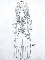 Rule 34 | 1girl, blazer, blush, closed mouth, collared shirt, commentary request, greyscale, highres, hiro (dismaless), jacket, long hair, long sleeves, looking at viewer, monochrome, original, own hands together, pleated skirt, school uniform, shirt, signature, skirt, sleeves past wrists, solo, white background