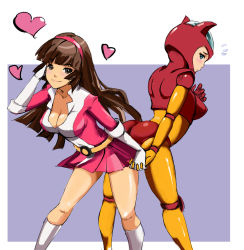 Rule 34 | 1970s (style), 2girls, aphrodai a, aphrodite a, ass, ass-to-ass, bad id, bad pixiv id, blush, bodysuit, breasts, brown eyes, brown hair, cleavage, embarrassed, gloves, hairband, holding hands, heart, helmet, hime cut, large breasts, latex, long hair, mazinger (series), mazinger z, mecha musume, multiple girls, oldschool, personification, retro artstyle, skirt, smile, toei animation, xinjing, yumi sayaka