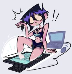 Rule 34 | !, !!, 1girl, :o, black camisole, blush stickers, breasts, camisole, cleavage, commentary, computer, dolphin shorts, drawing tablet, ear piercing, earrings, english commentary, highres, holding, holding stylus, jewelry, laptop, medium breasts, midriff, mouse (computer), navel, original, piercing, purple hair, short shorts, shorts, solo, stylus, surprised, through medium, through screen, toon (style), twitter username, valbun, valbun (character)