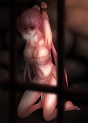 Rule 34 | 1girl, armpits, arms up, barefoot, bars, bdsm, blush, bondage, bound, breasts, chain, chained, chained wrists, covered erect nipples, cuffs, female focus, hatahataro, heavy breathing, large breasts, long hair, looking at viewer, marianne (unholy sanctuary), navel, nipples, pink hair, prison, prison cell, ragnarok online, red eyes, restrained, see-through, solo, sweat, underwear, unholy sanctuary