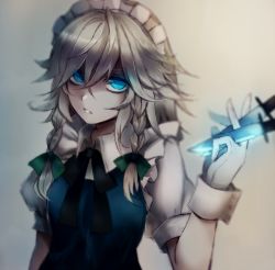 Rule 34 | 1girl, blue dress, blue eyes, bow, bowtie, braid, clenched teeth, dress, gloves, green bow, hair bow, izayoi sakuya, knife, looking at viewer, maho moco, maid, maid headdress, puffy short sleeves, puffy sleeves, short hair, short sleeves, silver hair, solo, teeth, touhou, twin braids, upper body, white gloves, wrist cuffs