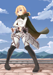 Rule 34 | absurdres, blonde hair, blue eyes, blue sky, blush, boots, cape, cloud, day, denim, full body, highres, jeans, krista lenz, long sleeves, looking at viewer, lulumiya (abbb1233), pants, ponytail, railroad tracks, shingeki no kyojin, sky, smile, solo, standing, three-dimensional maneuver gear, weapon