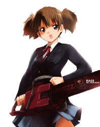 Rule 34 | 1girl, brown eyes, brown hair, chainsaw, k-on!, kaiga, open mouth, school uniform, short hair, simple background, solo, suzuki jun, twintails, white background