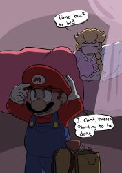 1boy 1girl blonde_hair blue_eyes blue_overalls braid carolinerdraws closed_eyes facial_hair gloves hat highres mario mario_(series) mustache nintendo open_mouth overalls pillow plunger princess_peach red_hat single_braid under_covers white_gloves wrench