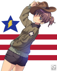 Rule 34 | 1girl, alisa (girls und panzer), artist logo, black shorts, brown eyes, brown hair, brown jacket, closed mouth, commentary, cowboy hat, cowboy shot, dutch angle, emblem, freckles, from side, girls und panzer, hair ornament, hand in pocket, hat, holding, holding clothes, holding hat, jacket, long sleeves, looking at viewer, looking back, military, military uniform, pairan, red stripes, saunders (emblem), saunders military uniform, short hair, short shorts, short twintails, shorts, smile, solo, standing, star (symbol), star hair ornament, twintails, uniform