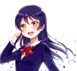 Rule 34 | 1girl, blue hair, blush, bow, bowtie, hair between eyes, hand in own hair, highres, kino xx62, long hair, long sleeves, looking at viewer, love live!, love live! school idol project, open mouth, otonokizaka school uniform, red bow, red bowtie, school uniform, simple background, smile, solo, sonoda umi, striped bow, striped bowtie, striped clothes, striped neckwear, white background, yellow eyes