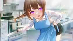 Rule 34 | 1girl, :d, apron, black skirt, blue apron, blush, breasts, brown hair, collared shirt, commentary request, copyright request, counter, dress shirt, fang, highres, hoshimiya aki, indoors, leaning forward, long sleeves, looking at viewer, medium breasts, official art, open mouth, oven, pleated skirt, purple eyes, shirt, skirt, smile, solo, stove, white shirt, yandere
