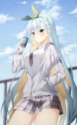 Rule 34 | 1girl, absurdres, blonde hair, blue eyes, blue hair, blue sky, braid, breasts, can, cloud, collared shirt, colored inner hair, cowboy shot, day, green hairband, grey necktie, grey skirt, hair between eyes, hairband, hand in pocket, hand up, highres, holding, holding can, jacket, large breasts, long hair, long sleeves, looking at viewer, mame (hyeon5117), miniskirt, mole, mole on neck, multicolored eyes, multicolored hair, necktie, original, outdoors, partially unzipped, plaid, plaid skirt, shirt, skirt, sky, solo, standing, very long hair, white jacket, white shirt, yellow eyes