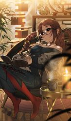 Rule 34 | 1girl, artist request, bare shoulders, black-framed eyewear, black dress, book, book on lap, braid, breasts, brown eyes, brown hair, candle, chair, collarbone, commentary request, craft essence (fate), cup, dress, earrings, fate/grand order, fate (series), finger to mouth, glasses, jewelry, long braid, long hair, medium breasts, multiple earrings, official art, pinstripe dress, pinstripe pattern, reading, red thighhighs, single braid, sitting, sleeveless, sleeveless dress, solo, striped, swept bangs, table, thighhighs, very long hair, yu mei-ren (beautiful dreamer) (fate), yu mei-ren (fate), yu mei-ren (first ascension) (fate)