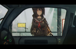 Rule 34 | 1girl, aer7o, aiming, aiming at viewer, black gloves, black hair, black sailor collar, black serafuku, black shirt, black skirt, blurry, blurry background, blurry foreground, car interior, closed mouth, day, depth of field, fingerless gloves, gloves, gun, hair between eyes, handgun, highres, holding, holding gun, holding weapon, letterboxed, long sleeves, neckerchief, original, outdoors, pleated skirt, red eyes, red neckerchief, sailor collar, school uniform, seat, serafuku, shirt, skirt, solo, steering wheel, stuffed animal, stuffed rabbit, stuffed toy, weapon, weapon on back
