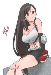 Rule 34 | 1girl, bare legs, bare shoulders, belt, black gloves, black hair, black skirt, breasts, cleavage, closed mouth, commentary request, crop top, elbow gloves, elbow pads, final fantasy, final fantasy vii, fingerless gloves, gloves, highres, large breasts, long hair, looking to the side, low-tied long hair, midriff, miniskirt, navel, red eyes, red gloves, single sidelock, sitting, skirt, solo, suspender skirt, suspenders, swept bangs, tank top, tifa lockhart, white background, white tank top, wolkat
