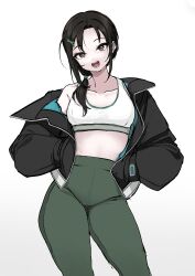 Rule 34 | 1girl, absurdres, aoki kei, black hair, breasts, brown eyes, hair ornament, hairclip, hands on own hips, highres, idolmaster, idolmaster cinderella girls, jacket, low ponytail, medium breasts, midriff, open clothes, open jacket, pants, simple background, sports bra, sweatpants, trainer (idolmaster), ushimochi, white background