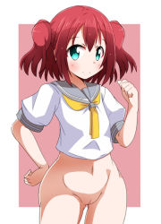 Rule 34 | 10s, 1girl, blush, border, bottomless, cleft of venus, closed mouth, green eyes, kurosawa ruby, looking at viewer, love live!, love live! sunshine!!, medium hair, naruse mai, navel, outside border, pussy, red hair, school uniform, smile, solo, standing, twintails, uncensored, uranohoshi school uniform, white border