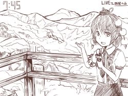 Rule 34 | 1girl, clock, clockshow, fake screenshot, hat, kawashina (momen silicon), landscape, leaf print, looking at viewer, microphone, monochrome, mountain, necktie, open mouth, pointy ears, pom pom (clothes), railing, scenery, shameimaru aya, short hair, solo, tokin hat, touhou, water, waterfall