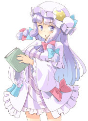 Rule 34 | 1girl, arnest, blue bow, blue ribbon, blunt bangs, book, bow, cowboy shot, crescent, crescent hat ornament, dress, hair bow, hat, hat ornament, hat ribbon, holding, holding book, long hair, long sleeves, looking at viewer, mob cap, open mouth, patchouli knowledge, purple eyes, purple hair, red bow, ribbon, simple background, solo, striped clothes, striped dress, touhou, white background, wide sleeves
