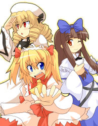 Rule 34 | 3girls, beret, blonde hair, blue eyes, bow, brown hair, fang, female focus, hair bow, harukatron, hat, luna child, multiple girls, red eyes, star sapphire, sunny milk, touhou, twintails