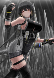 Rule 34 | 1girl, archstreal, armpits, bare shoulders, black gloves, black hair, black thighhighs, breasts, closed mouth, female rover (wuthering waves), gloves, hair ornament, hand up, highres, large breasts, looking at viewer, orange eyes, short hair, solo, thigh strap, thighhighs, thighs, weapon, wuthering waves