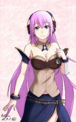 Rule 34 | 1girl, armband, bare shoulders, blue eyes, breasts, cleavage, cowboy shot, detached collar, female focus, headphones, hellblau, large breasts, long hair, looking at viewer, megurine luka, megurine luka (vocaloid4), pink hair, see-through, side slit, skirt, smile, solo, standing, strapless, v4x, very long hair, vocaloid, wrist cuffs