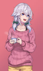 Rule 34 | 1girl, :d, blue eyes, bow, bra strap, casual, collarbone, commentary request, cowboy shot, cup, green bow, grey hair, hair bow, highres, holding, holding cup, izayoi sakuya, long hair, long sleeves, open mouth, pink background, pink sweater, re (re 09), ribbed sweater, simple background, smile, solo, standing, sweater, touhou