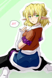 Rule 34 | 1girl, absurdres, arm warmers, black skirt, blonde hair, blush, breasts, brown shirt, commentary request, from behind, full body, green background, green eyes, highres, looking at viewer, looking back, medium breasts, mizuhashi parsee, modo paru, open mouth, pointy ears, scarf, shirt, short hair, short ponytail, short sleeves, skirt, socks, solo, spoken blush, touhou, white scarf, white socks