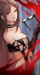 Rule 34 | 1girl, absurdres, backless dress, backless outfit, black choker, black dress, black gloves, black hair, blood, blood splatter, breasts, choker, cleavage, commentary, dress, ear piercing, earrings, elbow gloves, unworn eyewear, fate/grand order, fate (series), glasses, gloves, highres, holding, holding removed eyewear, jewelry, long hair, looking at viewer, medium breasts, piercing, red eyes, revealing clothes, solo, underboob, very long hair, yoshio (55level), yu mei-ren (fate)