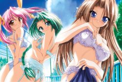 Rule 34 | 3girls, antenna hair, aqua hair, arm behind back, arm garter, ass, ass cutout, back, blue bra, blue eyes, blue panties, blush, bow, bow bra, bra, braid, breast hold, breasts, breasts apart, brown hair, butt crack, clothing cutout, cloud, day, dutch angle, floral print, game cg, garter belt, garter straps, hair bow, hair ribbon, head tilt, highres, holding, kirifuri mio, lace, light particles, light smile, lingerie, long hair, looking at viewer, looking back, low-tied long hair, maid-san she see, multiple girls, nachi seale, official art, orange eyes, outdoors, panties, parted bangs, pink hair, power lines, purple bra, railing, ribbon, seductive smile, shiraito mizuki, single braid, sky, small breasts, smile, thong, twintails, underwear, underwear only, undressing, upper body, utility pole, very long hair, white bra, white panties, yukirin