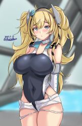 Rule 34 | 1girl, :o, alternate costume, aqua headwear, aqua neckerchief, arm behind back, black ribbon, black one-piece swimsuit, blonde hair, blue eyes, breasts, competition swimsuit, cosplay, cowboy shot, dated, gambier bay (kancolle), garrison cap, gloves, hair between eyes, hair ribbon, hairband, hat, highleg, highleg swimsuit, highres, kantai collection, large breasts, long hair, montemasa, multicolored clothes, multicolored swimsuit, neckerchief, one-piece swimsuit, rei no pool, ribbon, scamp (kancolle), scamp (kancolle) (cosplay), short shorts, shorts, swimsuit, twintails, twitter username, two-tone swimsuit, white gloves, white shorts