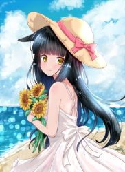 Rule 34 | 1girl, alternate costume, animal ears, azur lane, beach, black hair, blue sky, blunt bangs, blurry, carrying, casual, cloud, cloudy sky, commentary request, contemporary, depth of field, dress, flower, fox ears, from behind, hat, horizon, long hair, looking at viewer, looking to the side, m ko (maxft2), nagato (azur lane), ocean, sidelocks, sky, smile, solo, straw hat, sunflower, white dress, yellow eyes