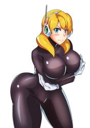 Rule 34 | 1girl, absurdres, alia (mega man), android, blonde hair, blue eyes, blush, bodysuit, breasts, breasts squeezed together, capcom, cowboy shot, gloves, highres, kotatuman dash, large breasts, mega man (series), mega man x (series), robot, robot ears, solo, standing, tight clothes, white background, white gloves