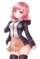 Rule 34 | 1girl, beige skirt, black hoodie, black thighhighs, blush, commentary request, danganronpa (series), danganronpa 2: goodbye despair, dot nose, flipped hair, hand on own chest, highres, hood, hoodie, long sleeves, looking at viewer, nanami chiaki, neit ni sei, pink eyes, pink hair, pink ribbon, pleated skirt, ribbon, shirt, short hair, simple background, skirt, smile, solo, standing, thighhighs, white background, white shirt