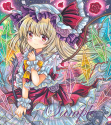 Rule 34 | 1girl, blonde hair, blush, brooch, closed mouth, cowboy shot, crystal, flandre scarlet, flower, frilled hat, frilled ribbon, frilled shirt collar, frilled skirt, frills, glowing, green brooch, hand on own chest, hat, hat ribbon, head tilt, holding, holding wand, jewelry, laevatein (touhou), long hair, looking at viewer, marker (medium), mob cap, petals, pink flower, puffy short sleeves, puffy sleeves, rainbow order, red eyes, red flower, red ribbon, red rose, red skirt, red vest, ribbon, rose, rose petals, rui (sugar3), sample watermark, shirt, short sleeves, side ponytail, skirt, smile, solo, touhou, traditional media, vest, wand, watermark, white hat, white shirt, wings, wrist cuffs